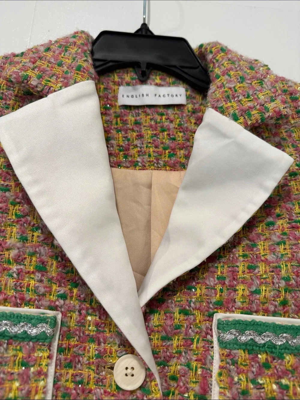 English Factory Pink Multicolor Tweed Cropped Jacket with White Collar